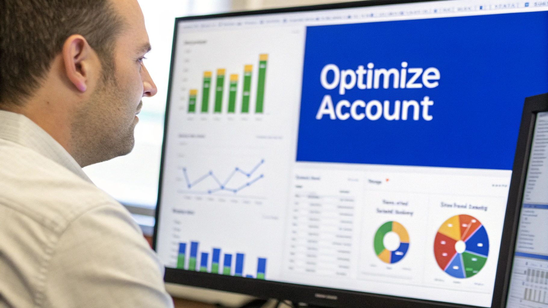 A professional reviews financial data on multiple screens in a modern office, symbolizing long-term account management.