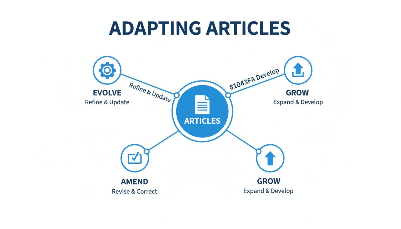 A diagram illustrating the process of adapting articles, showing actions like evolve, grow, and amend.