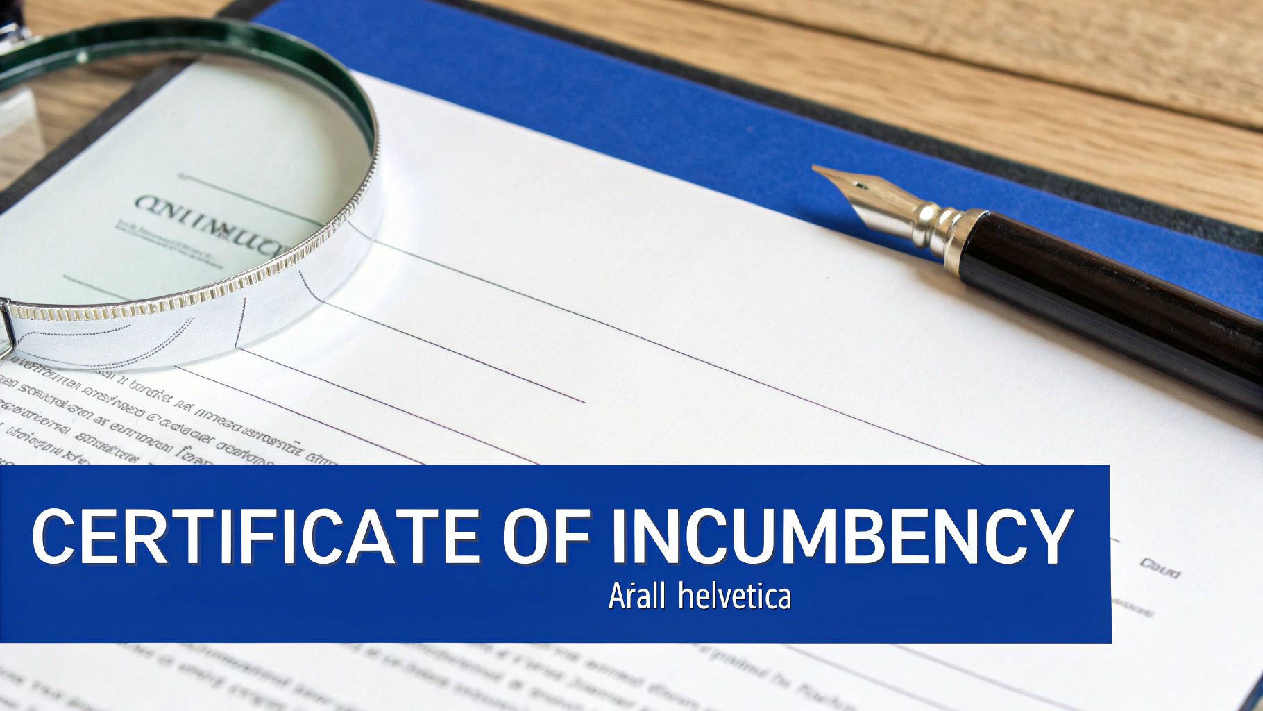 A document titled 'Certificate of Incumbency' with a magnifying glass, fountain pen, and blue overlay on a wooden desk.