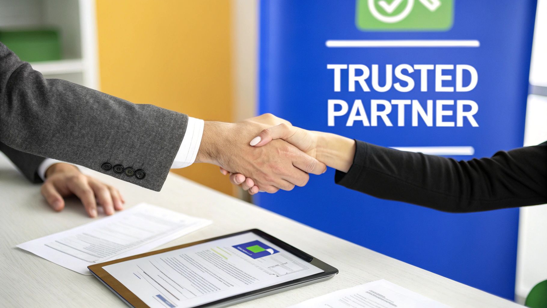 Two business partners shake hands over a desk with documents, signifying trust and agreement.