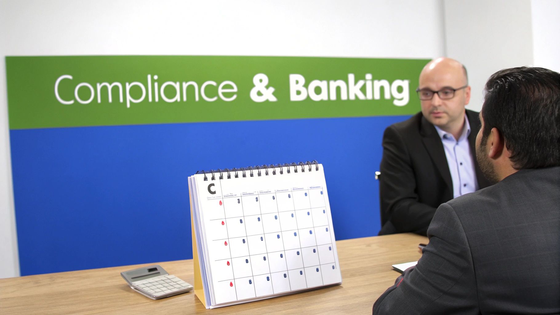 A professional business meeting discussing documents around a modern office table.