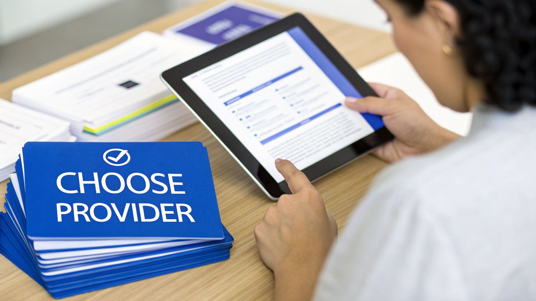 A professional vetting a document in a modern Hong Kong office, symbolising the careful selection of a virtual office provider.