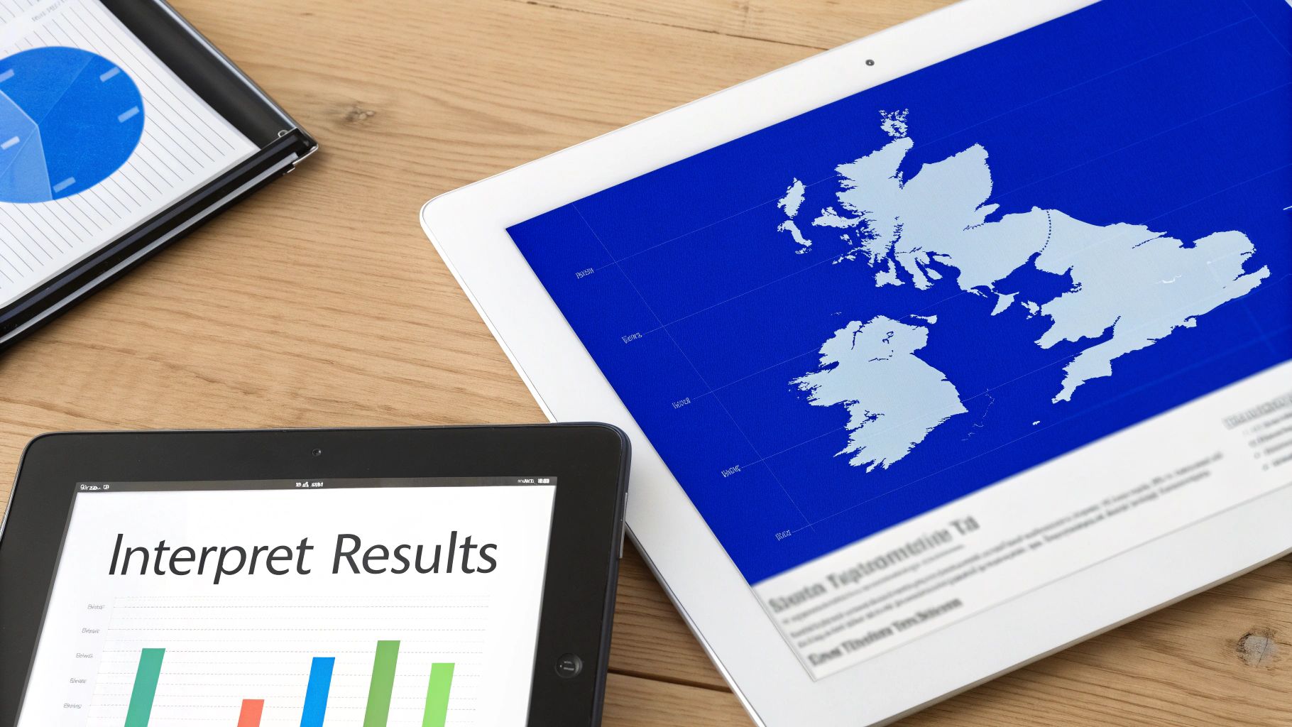 Tablets and a notebook on a wooden desk displaying charts, a map of the British Isles, and 'Interpret Results'.