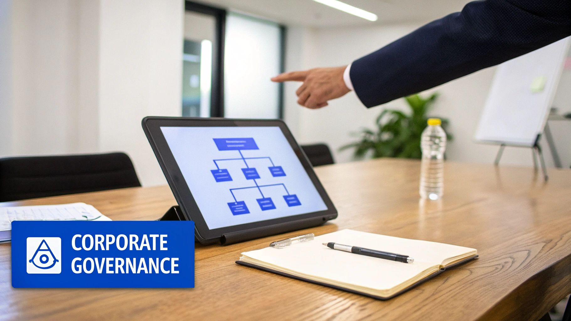 A hand points to a tablet displaying an organizational chart in a meeting room with a 'Corporate Governance' sign.