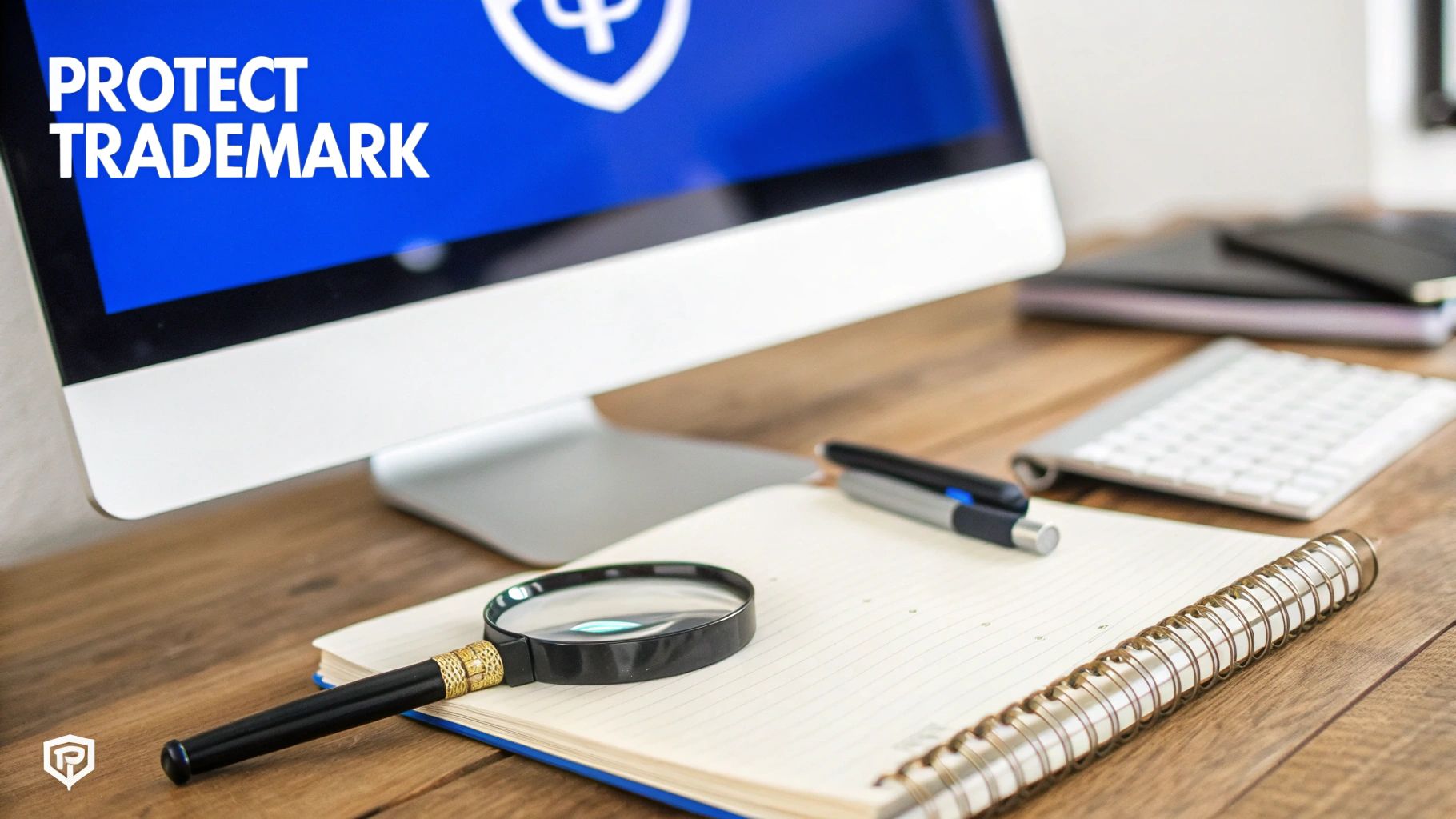 A magnifying glass, pen, and notebook on a wooden desk with a computer displaying 'PROTECT TRADEMARK'.
