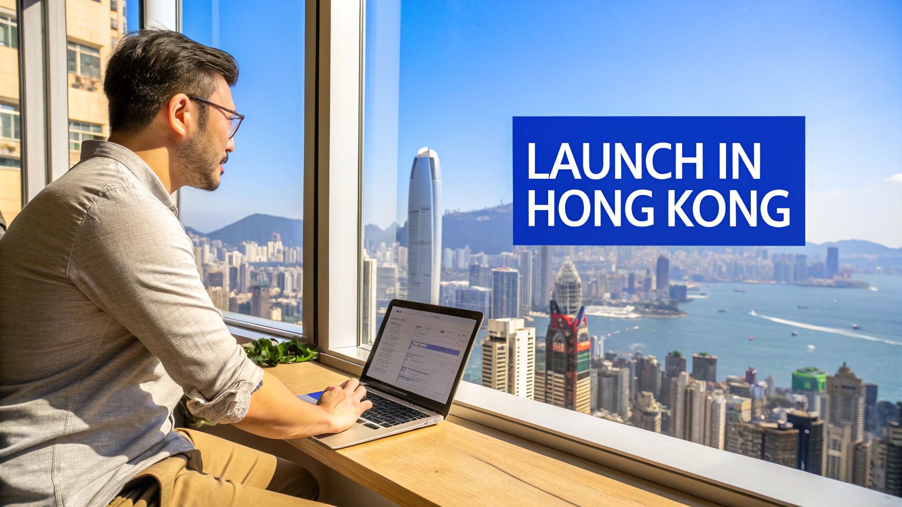 A dynamic view of Hong Kong's skyline, representing its status as a global business hub.
