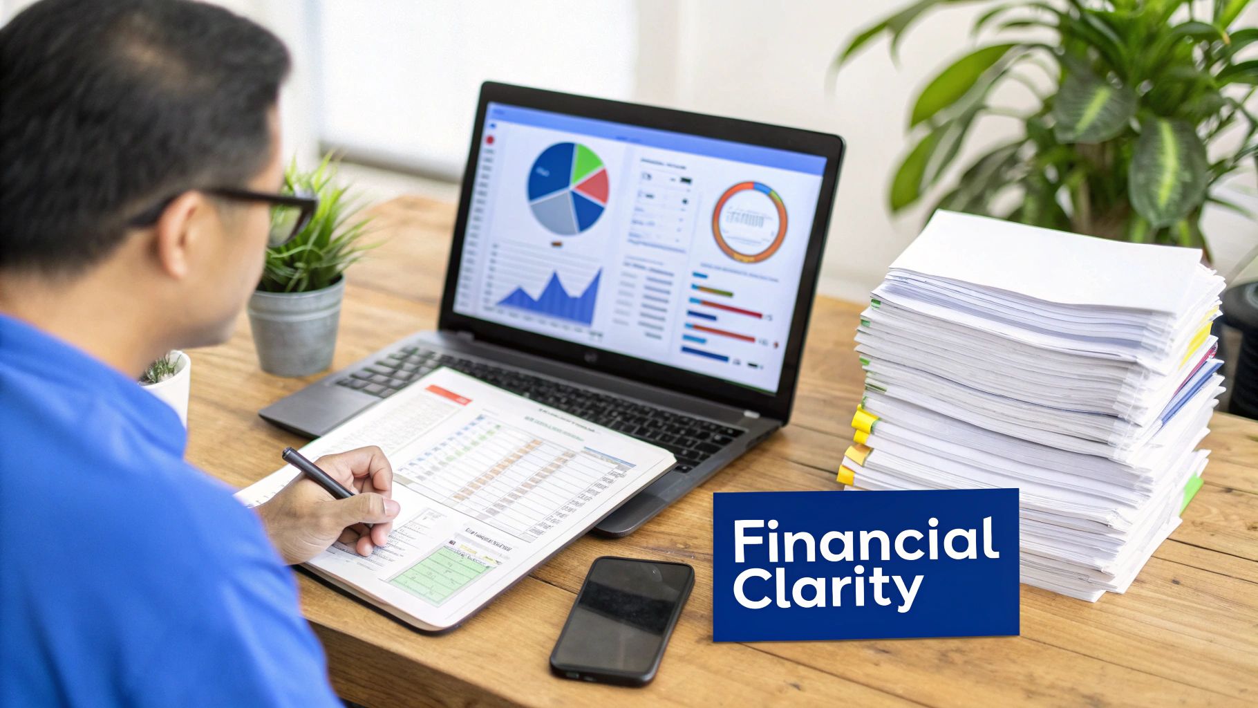 Accountant reviewing financial documents in a modern Hong Kong office