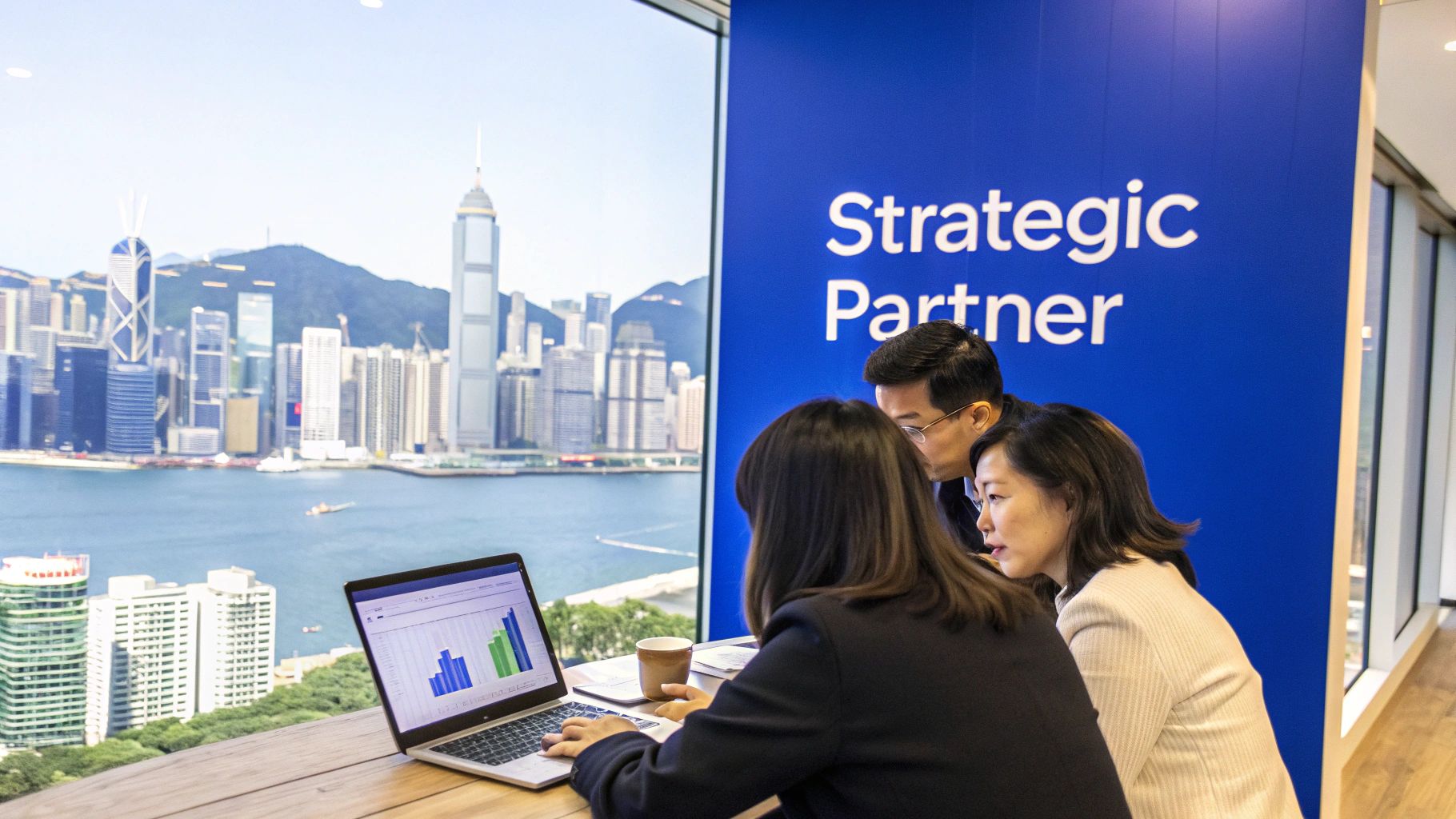 A team of professionals collaborating in a modern Hong Kong office, representing a strategic accounting partnership.