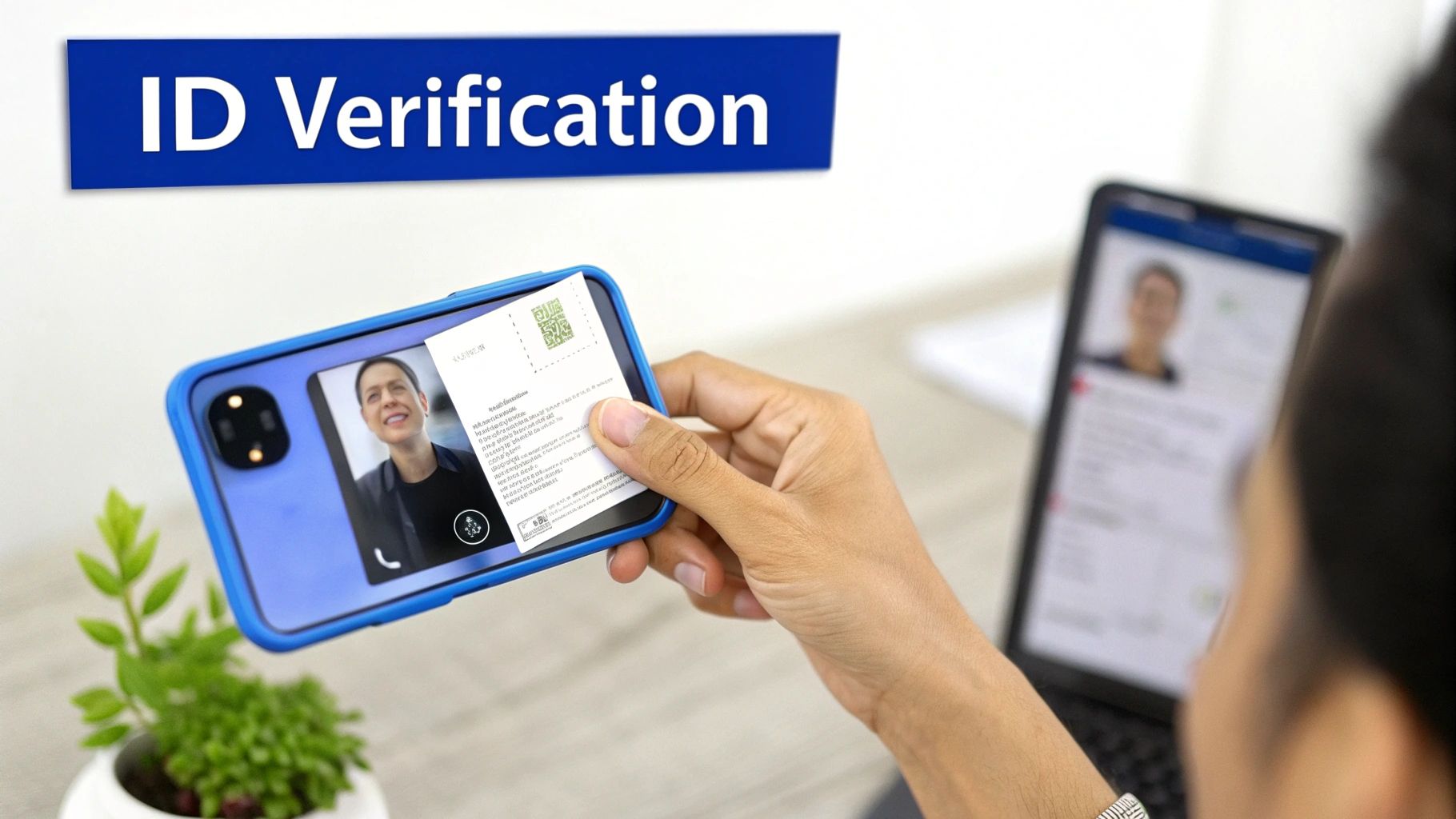 Person holding smartphone scanning ID document for remote digital identity verification during video call