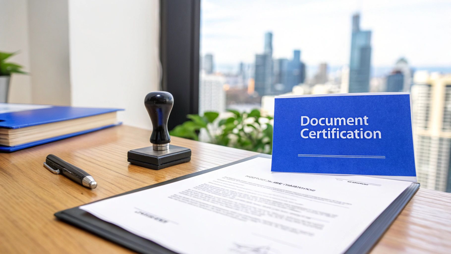 A wooden desk with a 'Document Certification' sign, a stamp, a pen, and documents in an office.