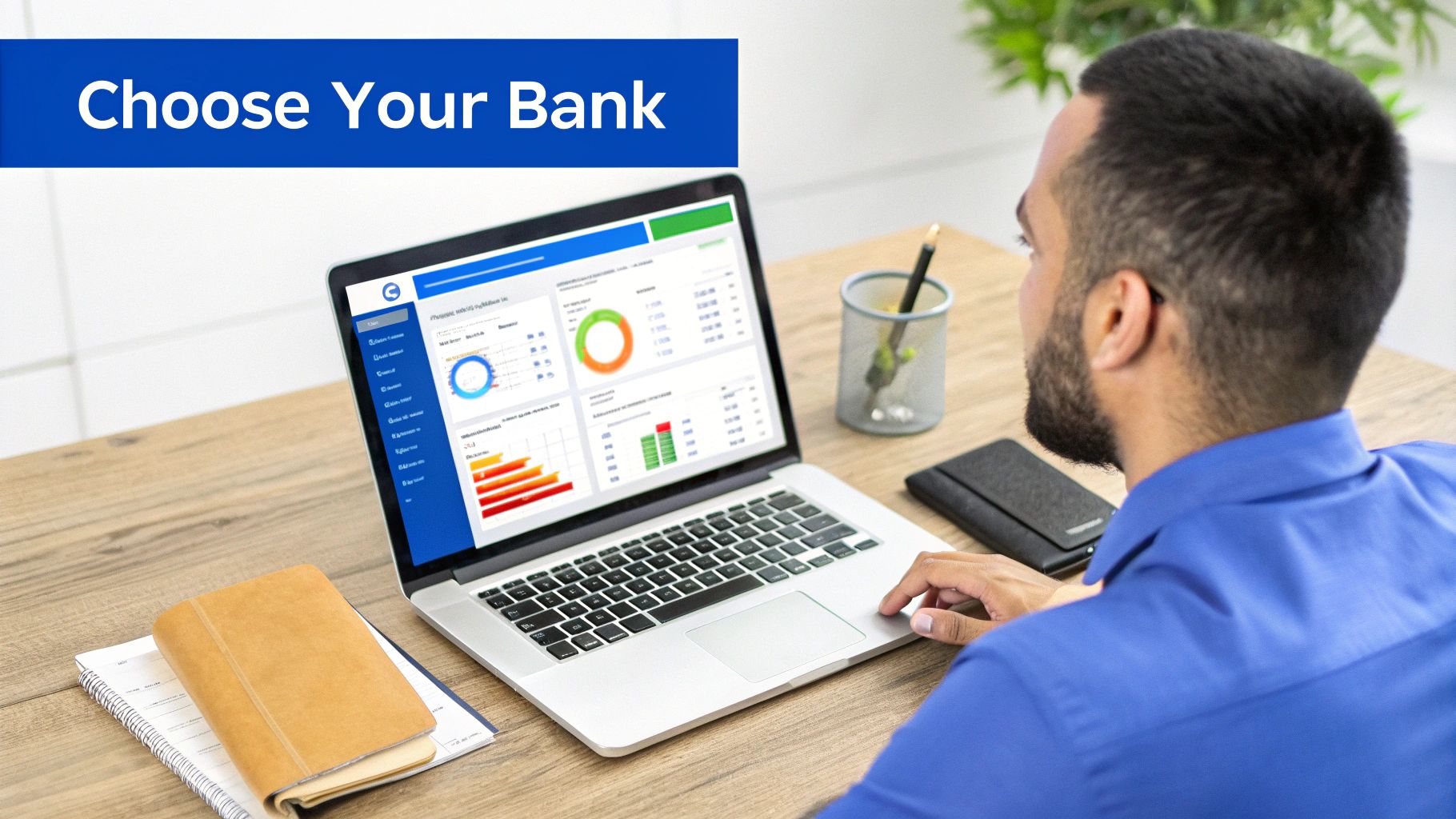 A business owner reviewing different banking options on a tablet in a modern office setting.