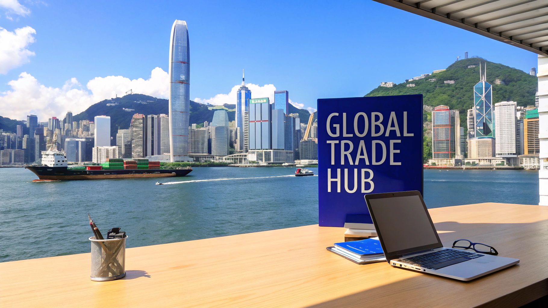 Aerial view of Hong Kong's skyline and harbor, representing a gateway to global commerce.