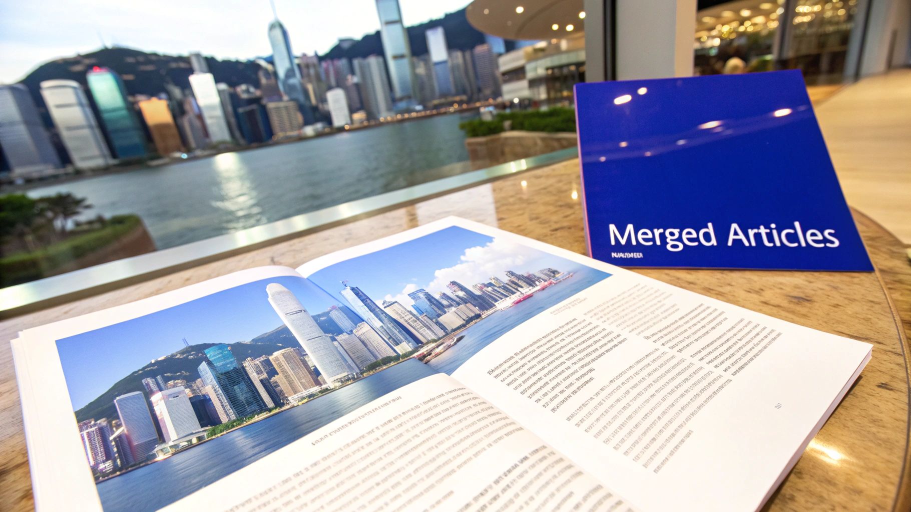 An open publication displaying a city skyline photo, with a blue 'Merged Articles' sign and actual cityscape in the background.