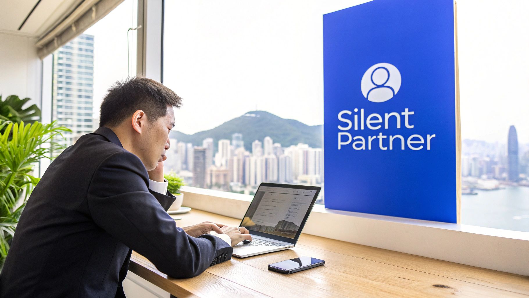 Businessman working on a laptop in a modern office with a city skyline view, next to a 'Silent Partner' sign.