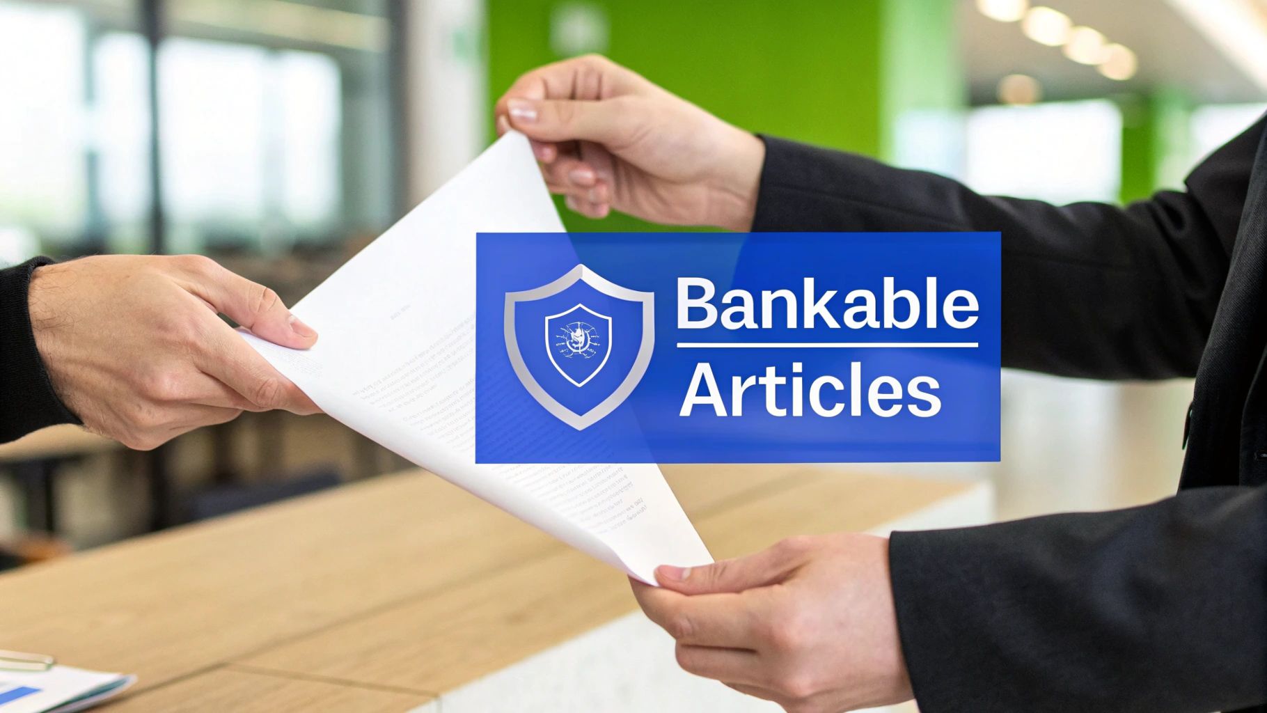 Two individuals exchanging paper documents over a wooden counter, overlaid with a 'Bankable Articles' logo.