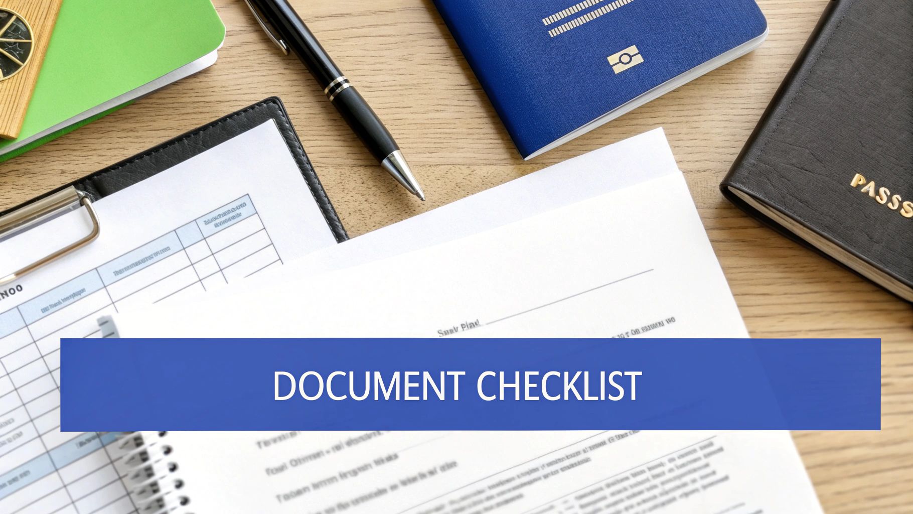A flat lay of documents, passports, a pen, and a clipboard on a desk with a 'DOCUMENT CHECKLIST' banner.