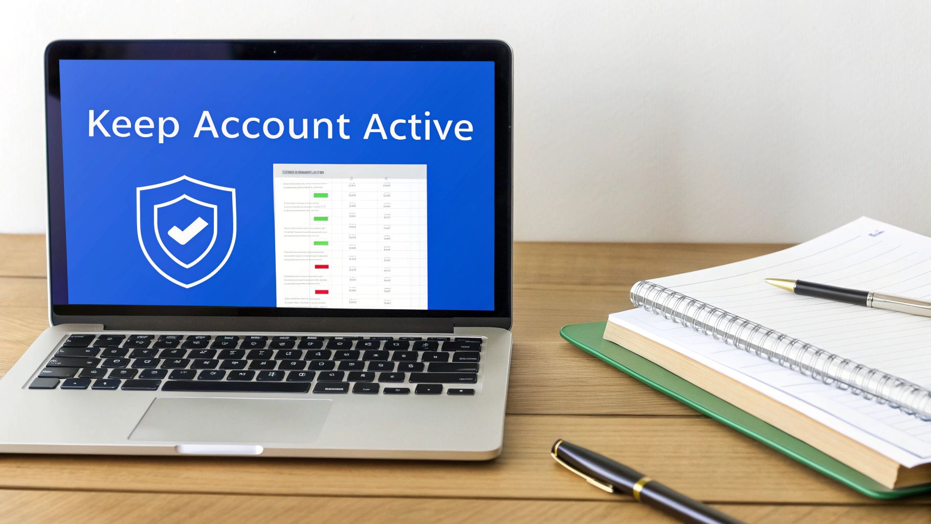 Laptop on a wooden desk showing 'Keep Account Active' screen with a shield icon and data table.