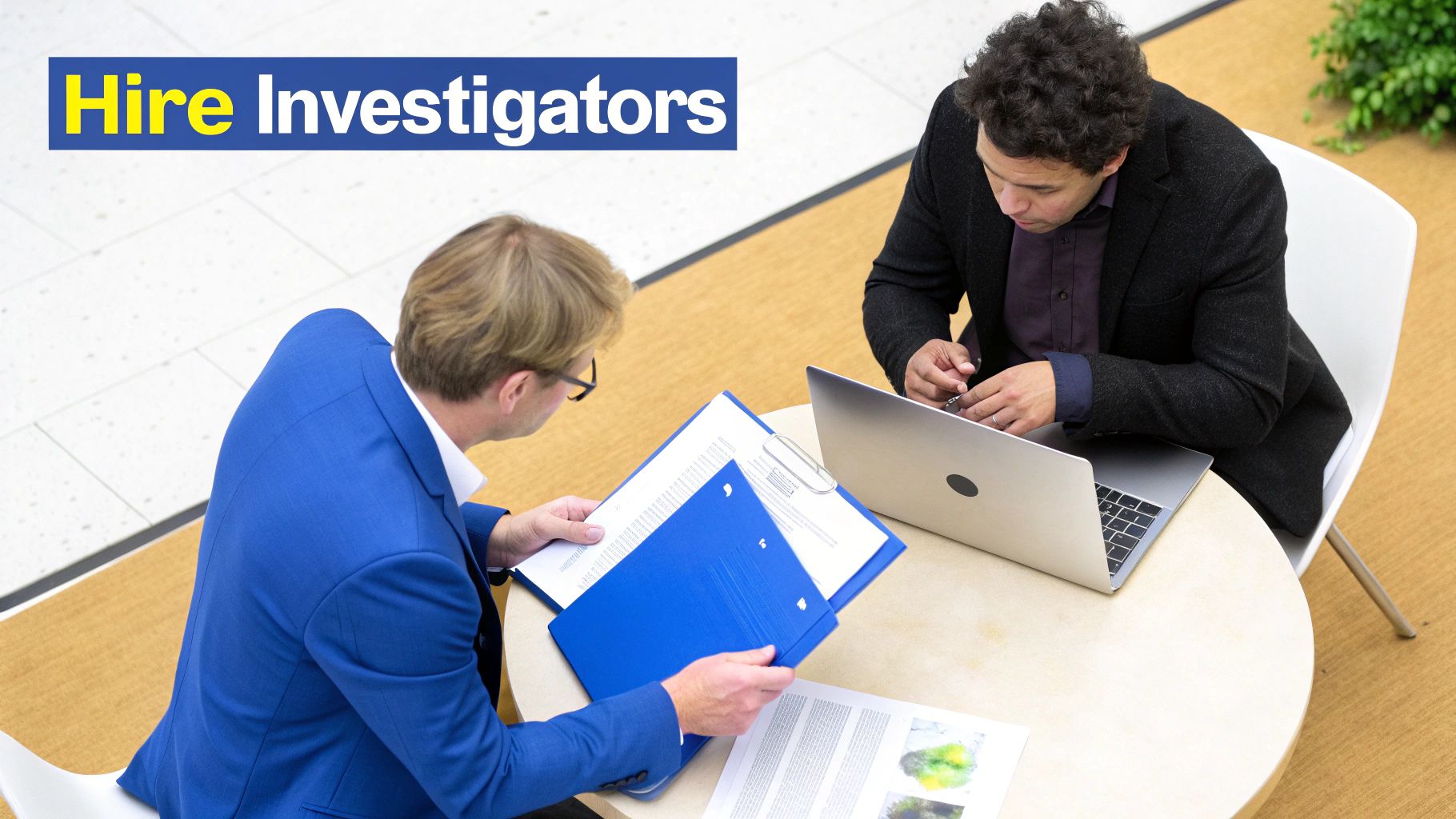 Two men discuss documents and work on a laptop at a table, with 'Hire Investigators' text.