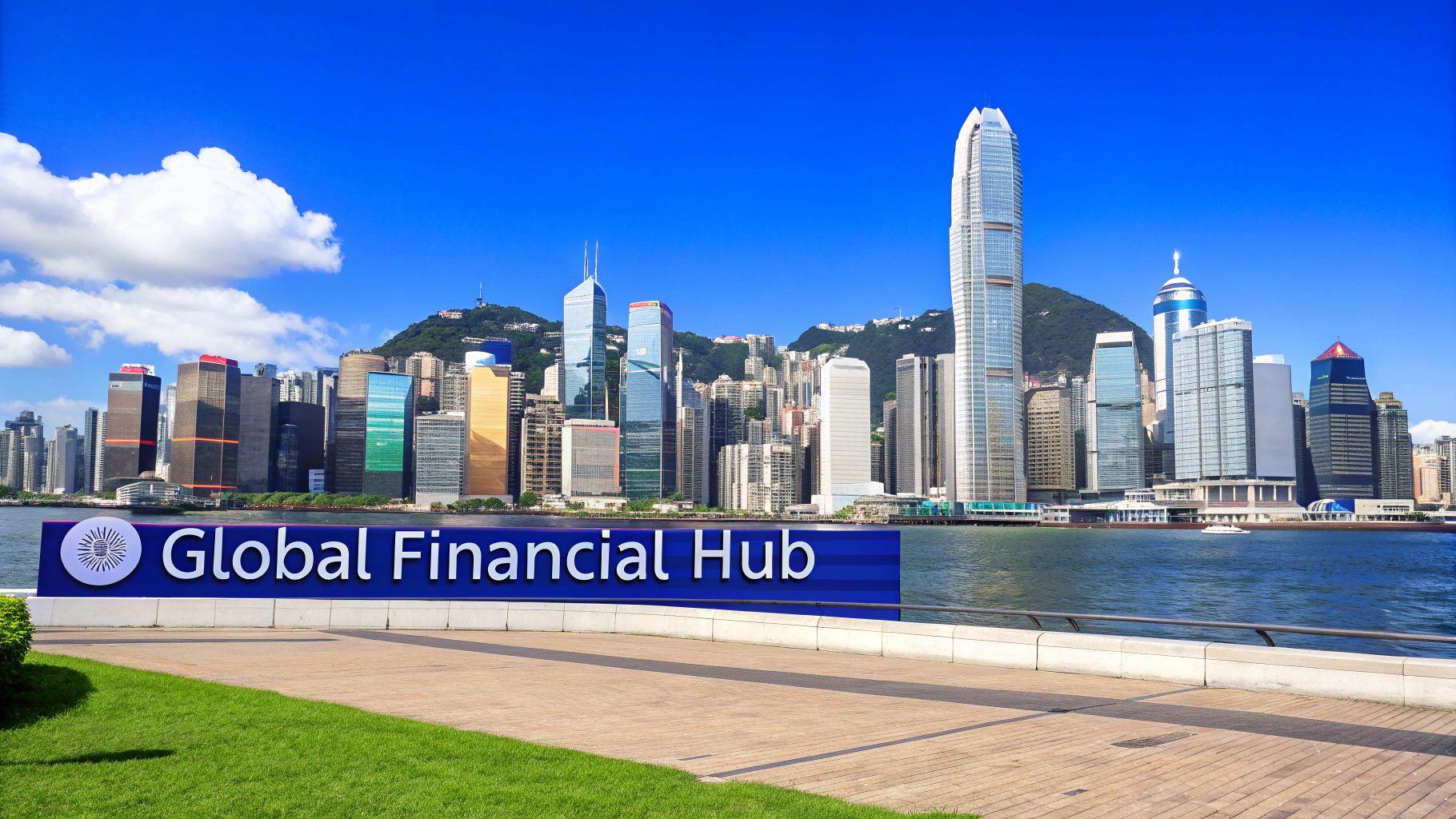 A panoramic view of the Hong Kong skyline with its iconic skyscrapers and harbor.
