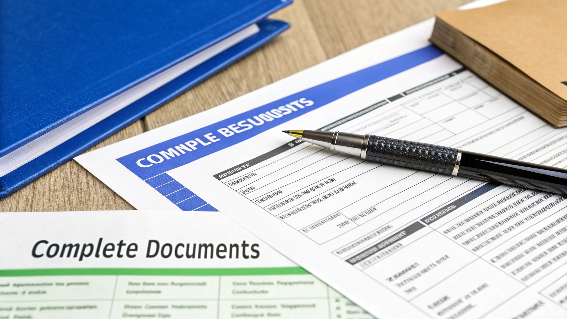A desk with organized business documents, a laptop, and a pen, symbolizing a well-prepared bank application.