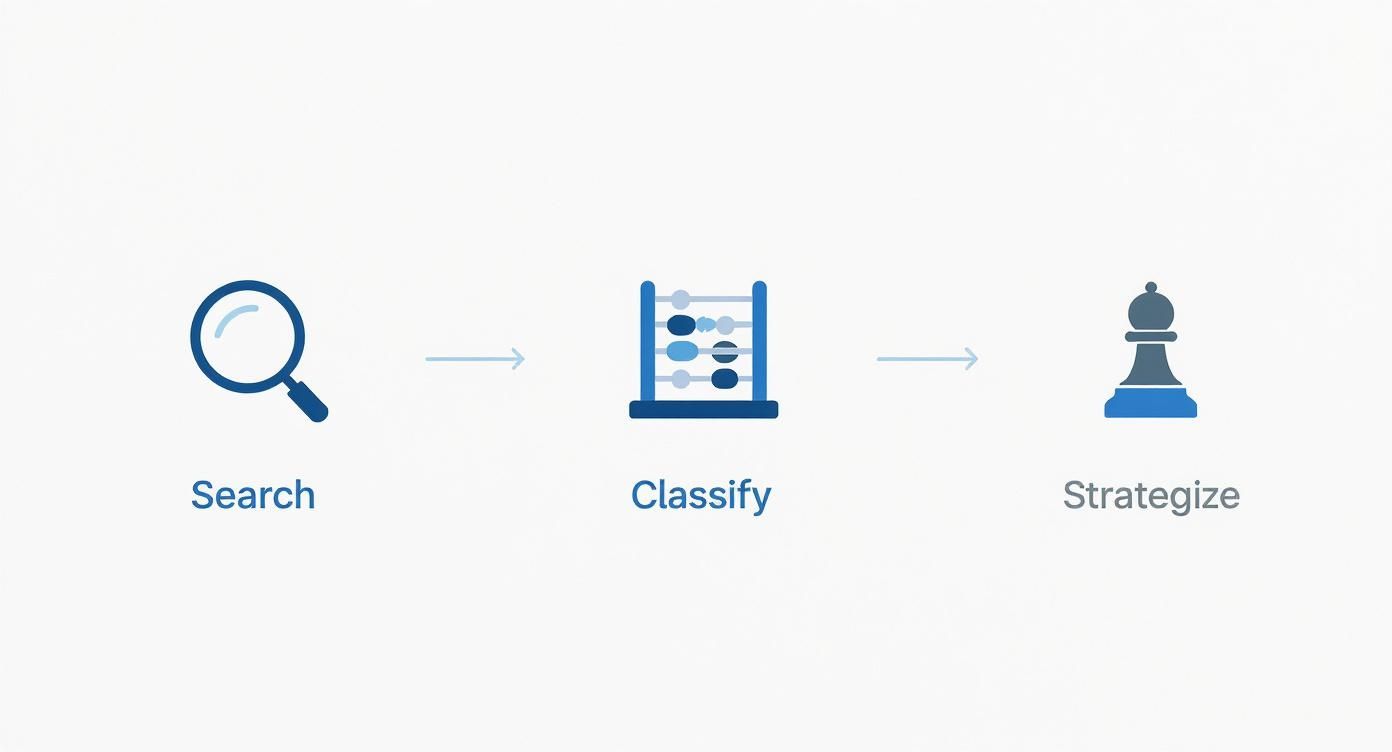 A visual workflow showing steps: Search with a magnifying glass, Classify with an abacus, and Strategize with a chess bishop.