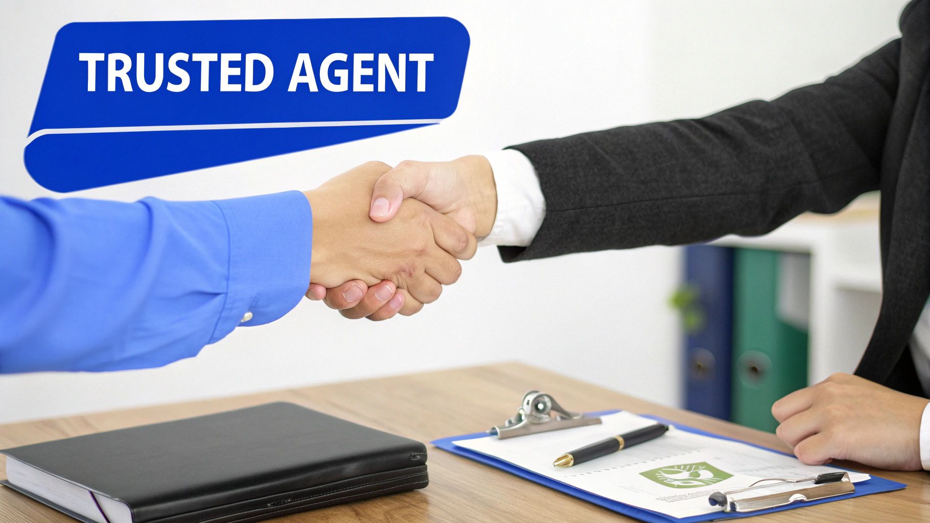 Business handshake between two individuals at a desk, with a 'TRUSTED AGENT' sign above.