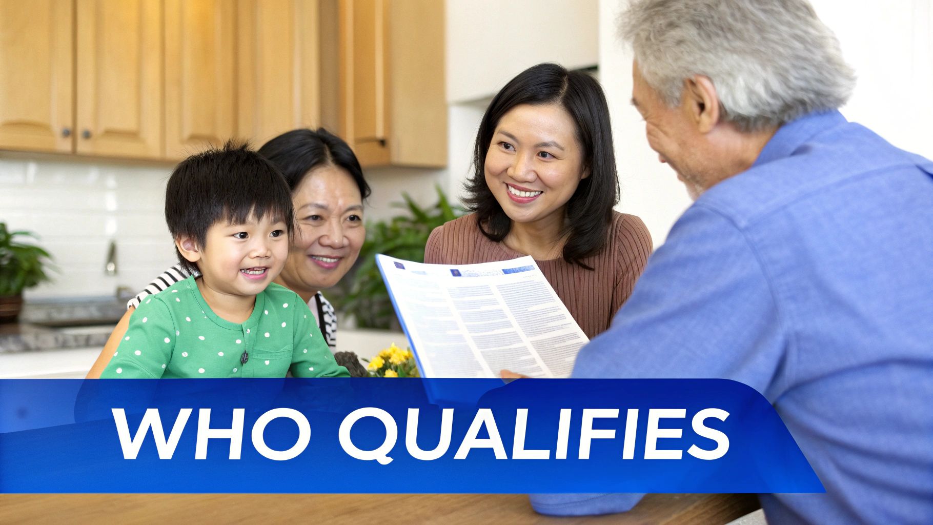 Smiling multi-generational Asian family reviews documents, with 'WHO QUALIFIES' text, in a home setting.