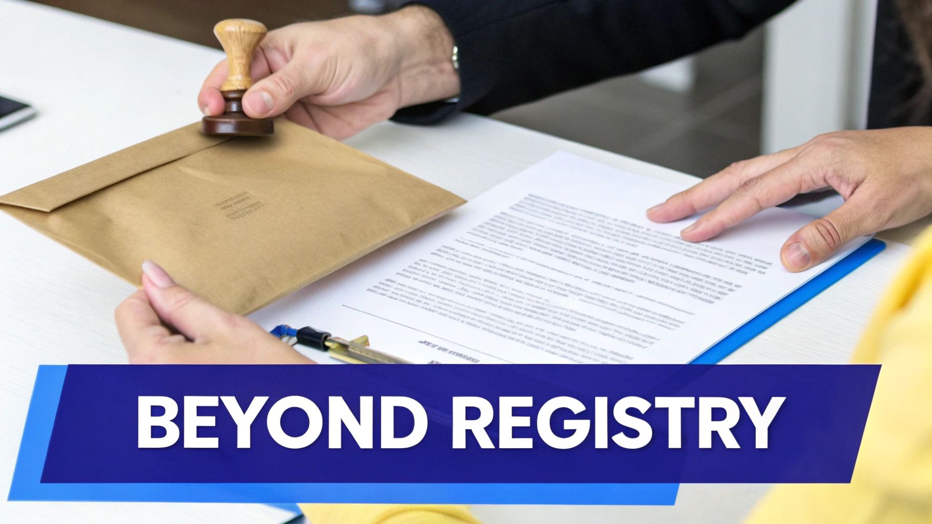 A person's hand stamps a brown envelope while another person reviews a document on a desk.