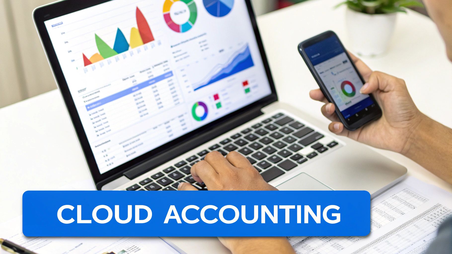 A business owner using cloud accounting software on a laptop in a modern office