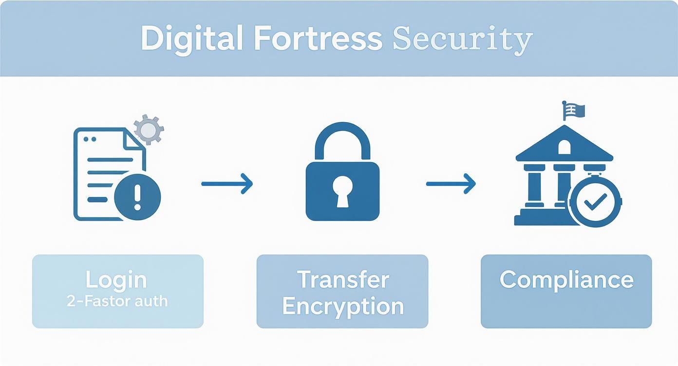 Infographic showing the three-step security process involving login with two-factor authentication, data encryption for transfers, and final compliance checks.