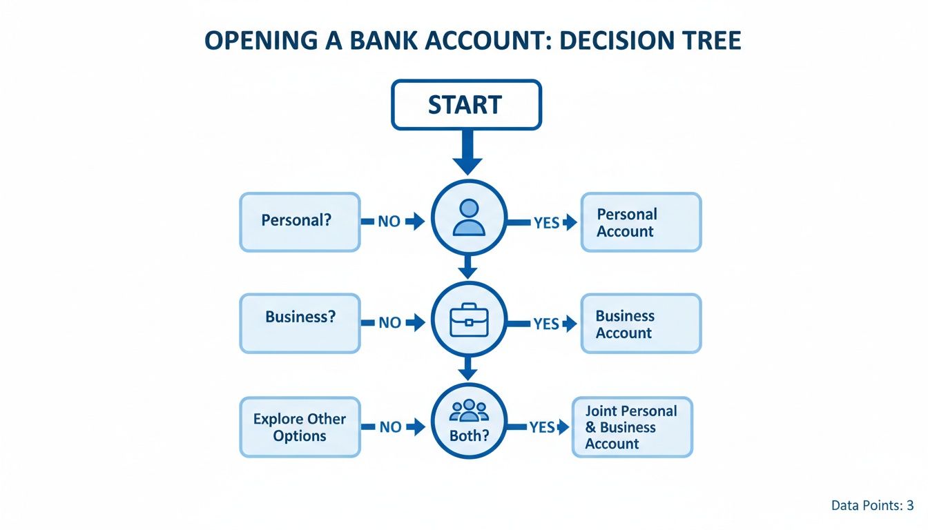 A decision tree flowchart for opening a bank account, outlining options for personal, business, or joint accounts.