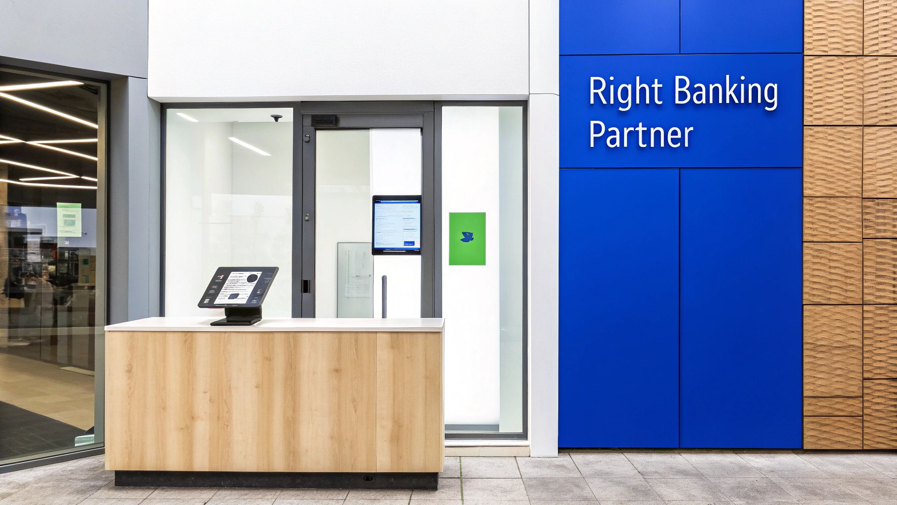 Modern bank entrance with a reception desk, digital displays, and a 'Right Banking Partner' sign.