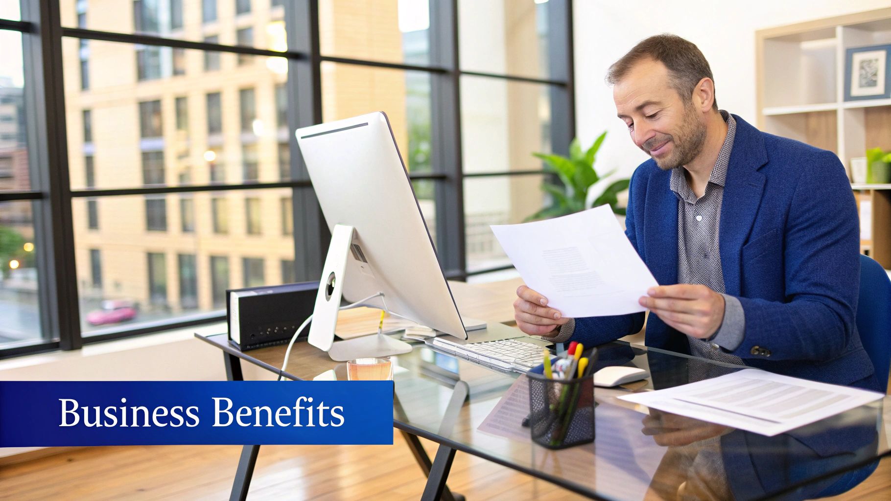 An entrepreneur at a desk with a calculator and documents, strategically planning financial deductions.