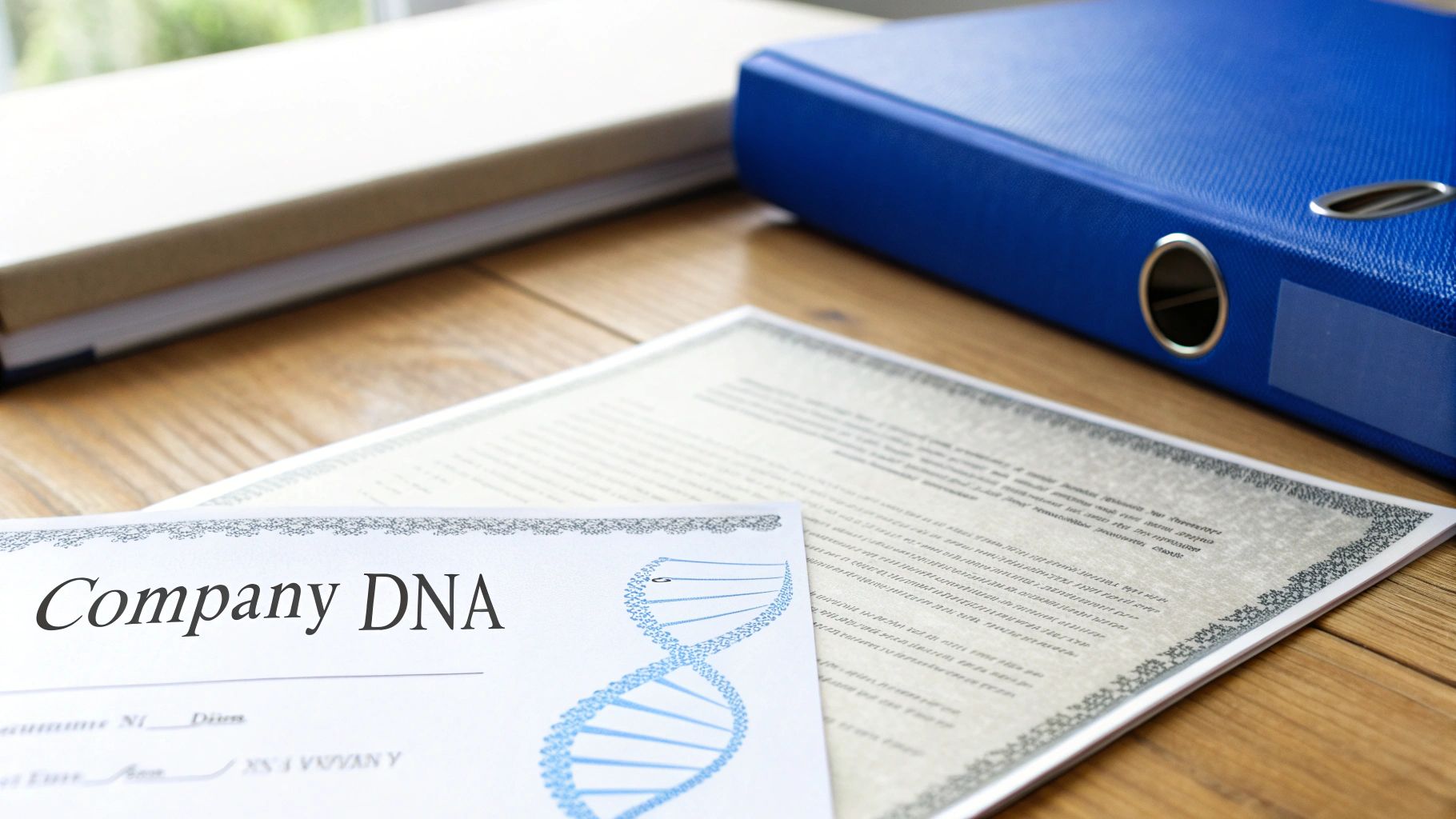 Close-up of a document titled 'Company DNA' with a DNA graphic, beside binders on a wooden desk.
