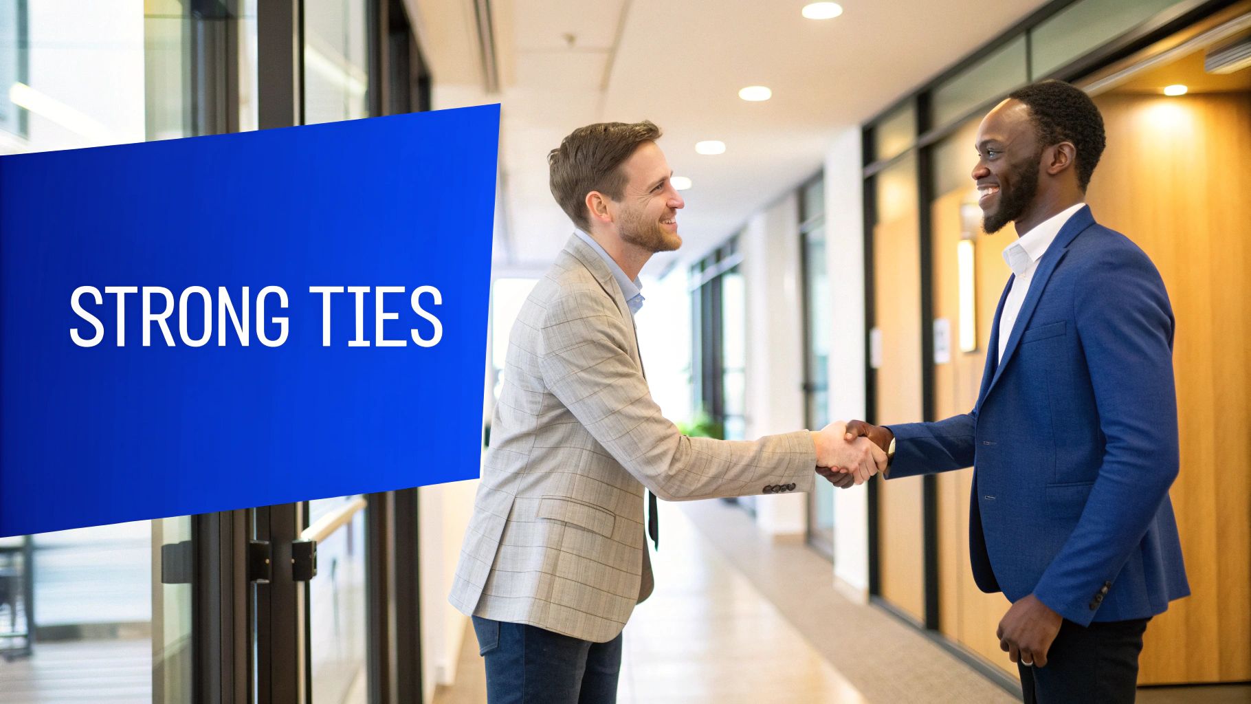 A business professional shaking hands with a banker to represent consistent banking relationships and communication