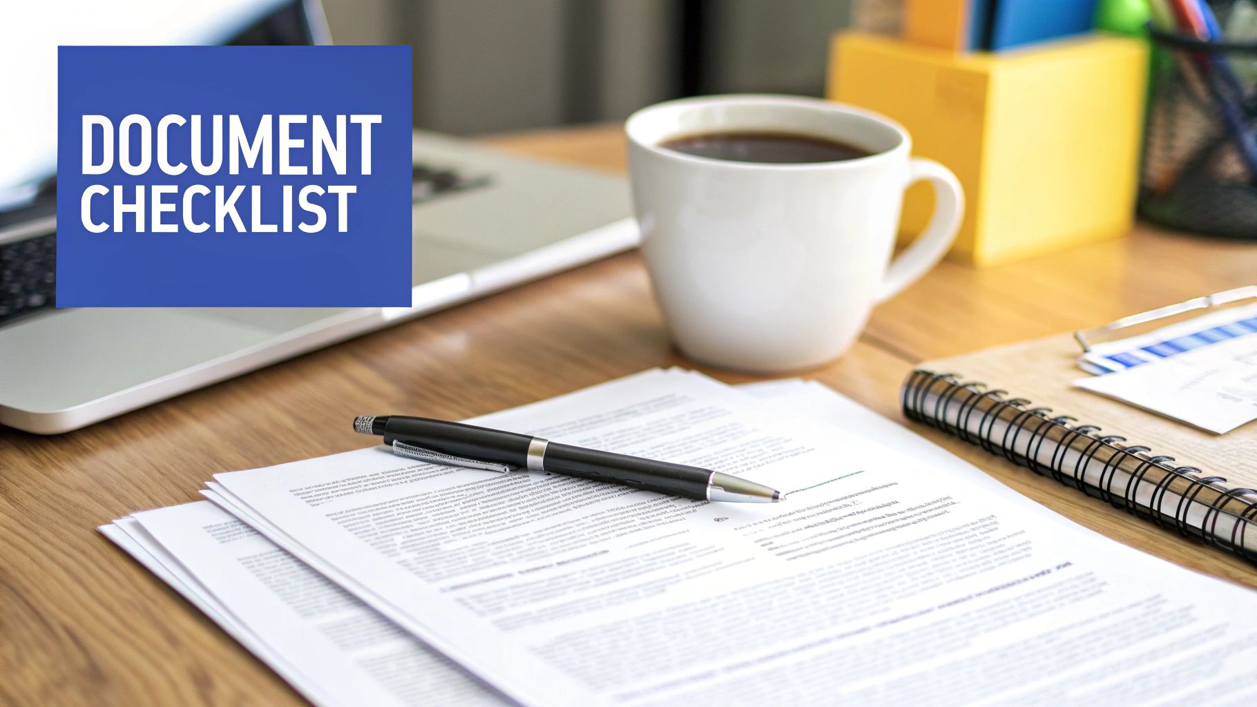 A professional organising documents on a desk, ready for an application.