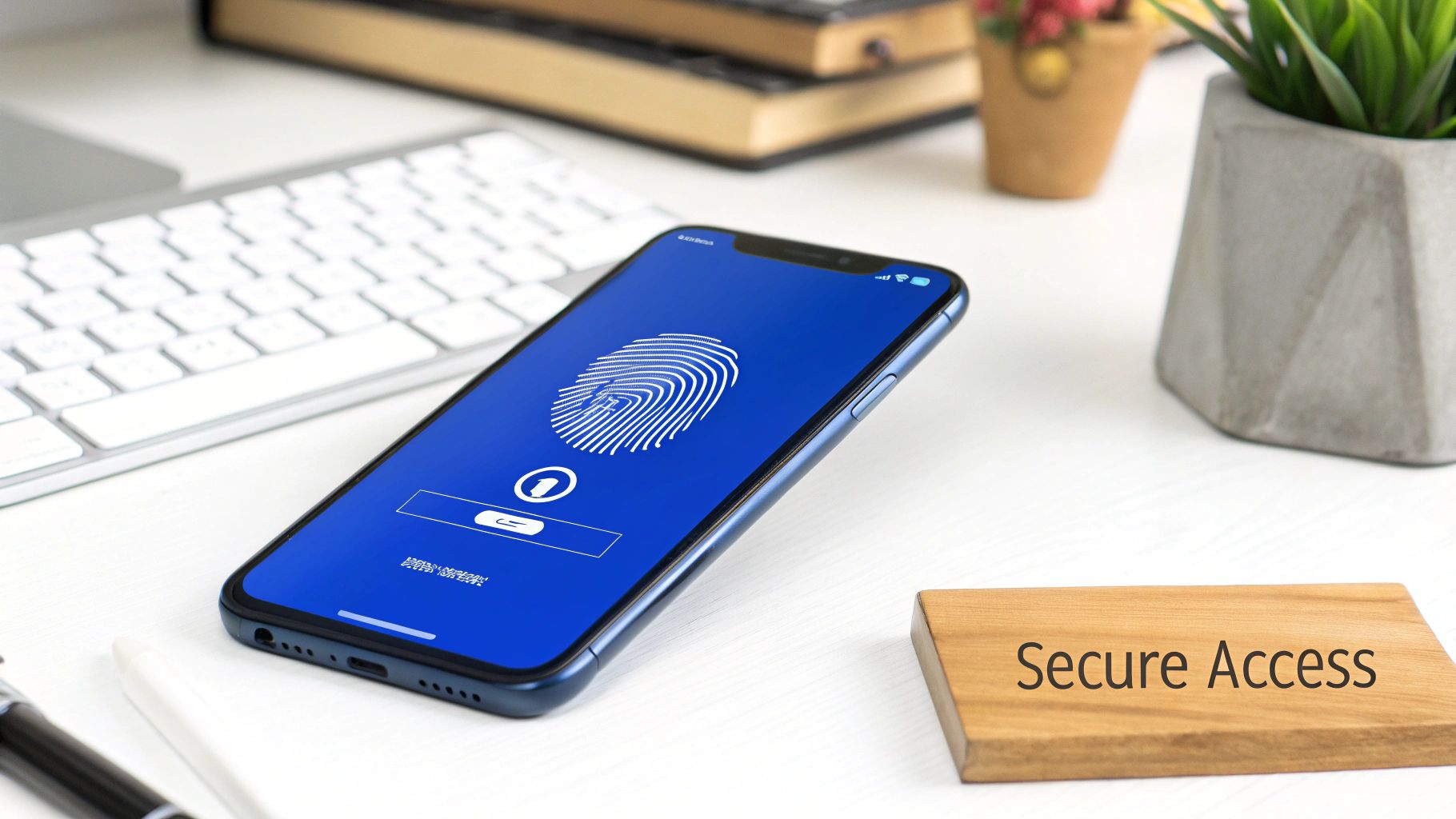 Smartphone displaying fingerprint biometric authentication screen on modern office desk for secure access
