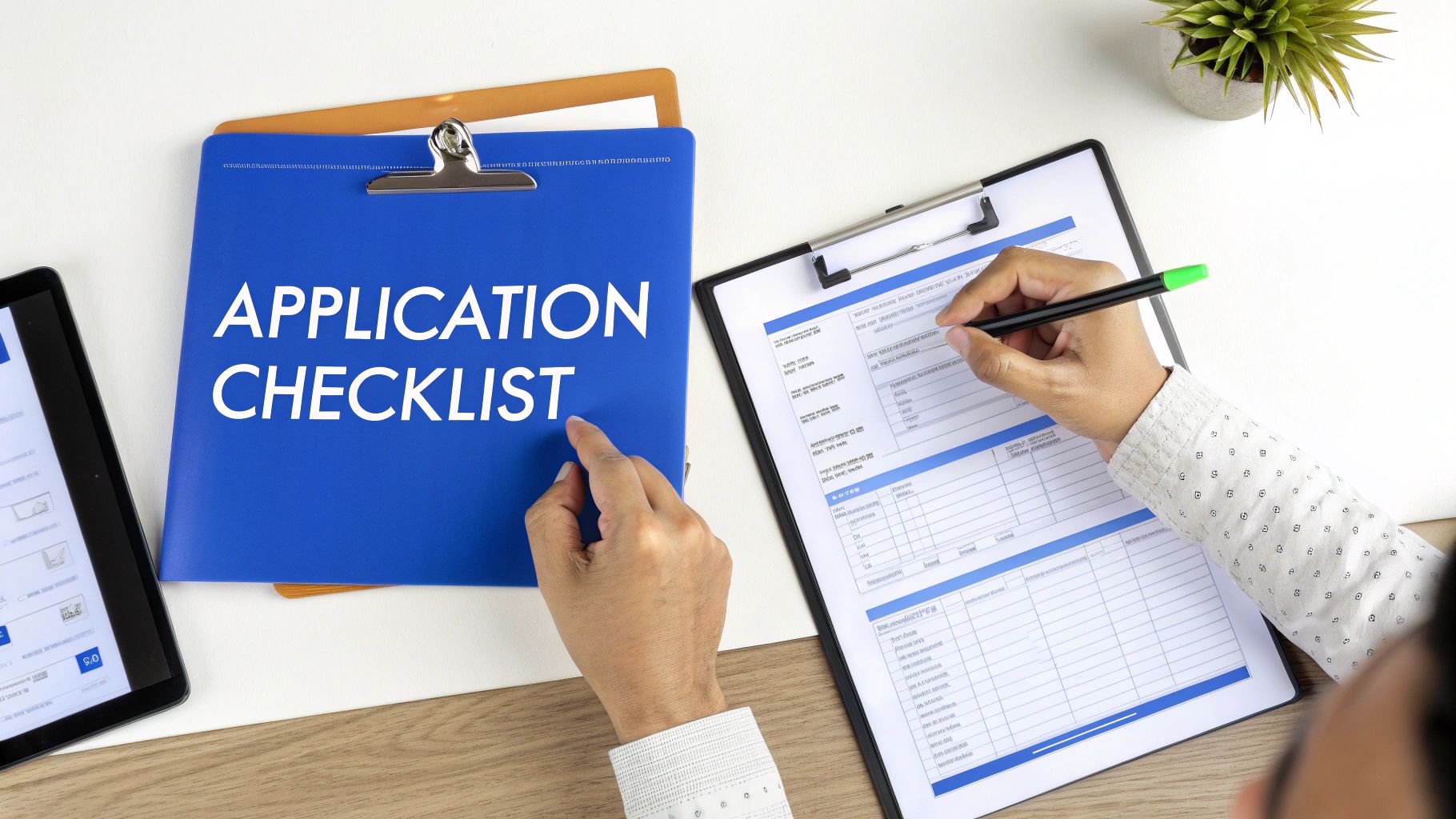 Top-down view of a person filling out an application form next to an "APPLICATION CHECKLIST" board.