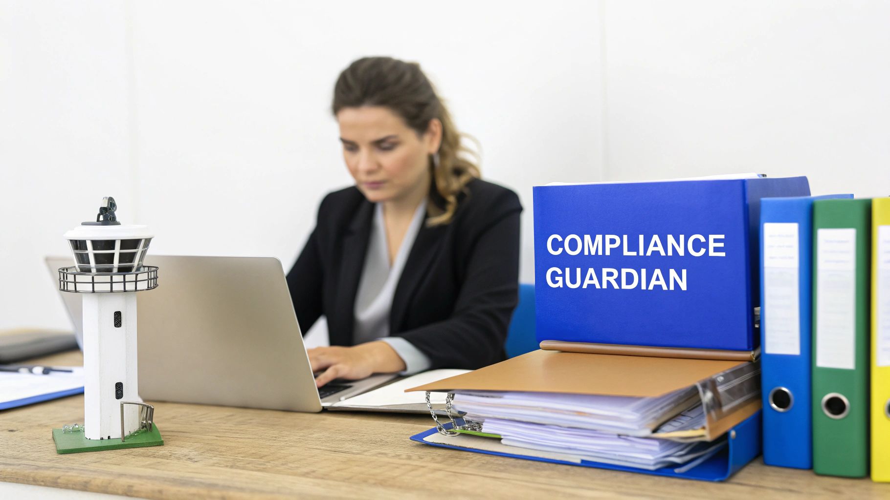 Woman working on laptop at an office desk, next to a 'Compliance Guardian' binder.