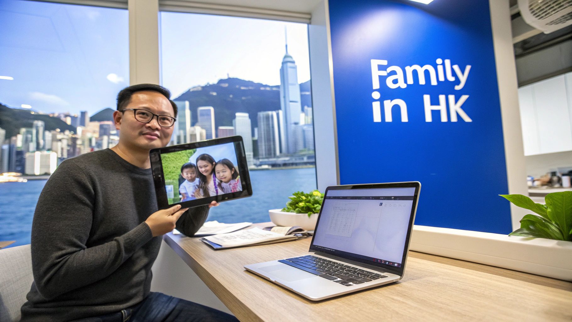 Smiling man holding a tablet with a family photo, overlooking Hong Kong skyline from an office.