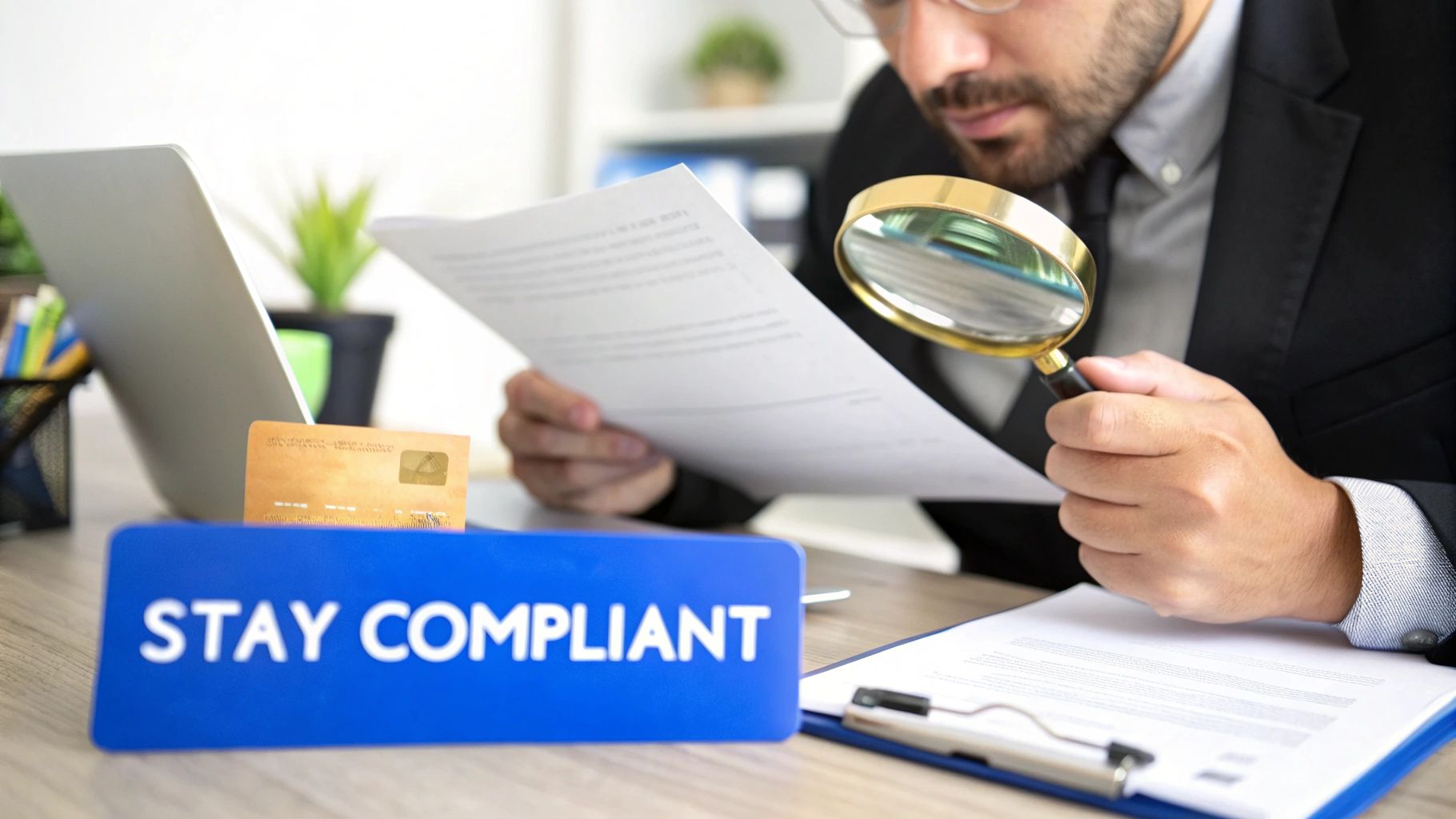 A man in a suit meticulously reviews a document with a magnifying glass, emphasizing compliance.