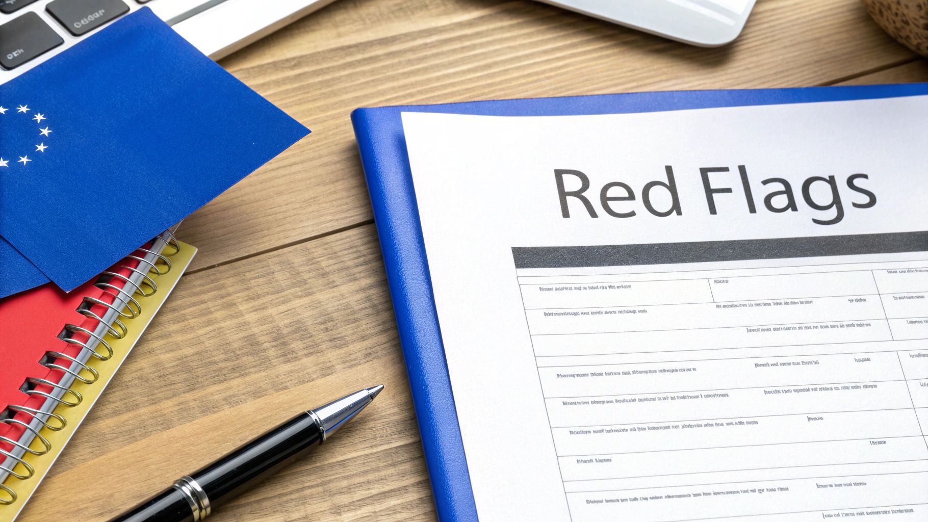 A document titled 'Red Flags' in a blue folder, an EU flag, and a pen on a wooden desk.