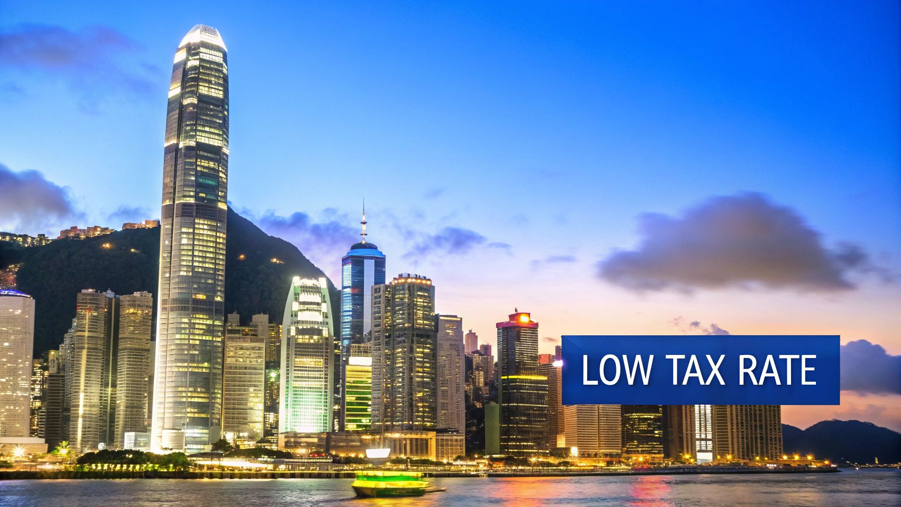 Skyline view of Hong Kong's financial district with calm waters, symbolizing stability