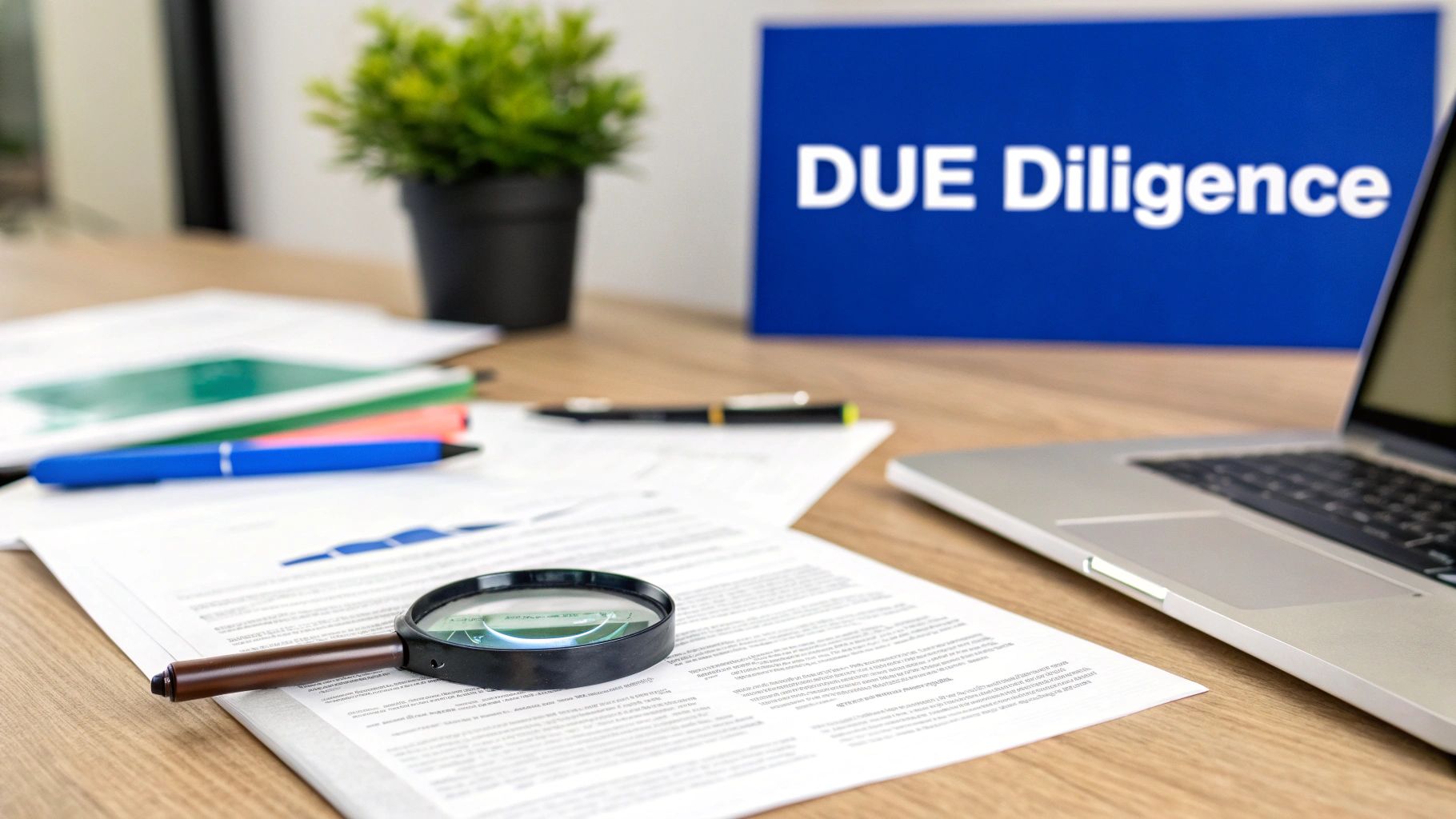 A desk with documents, a magnifying glass, pens, and a laptop, with a 'DUE Diligence' sign in the background.