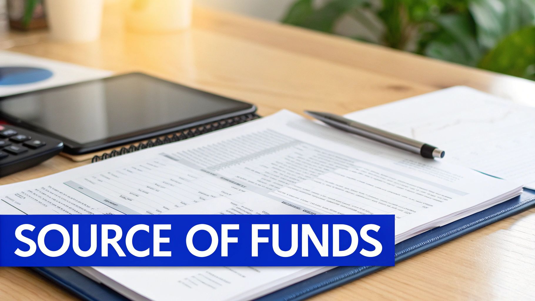 Financial documents spreadsheets and tablet on wooden desk showing source of funds preparation