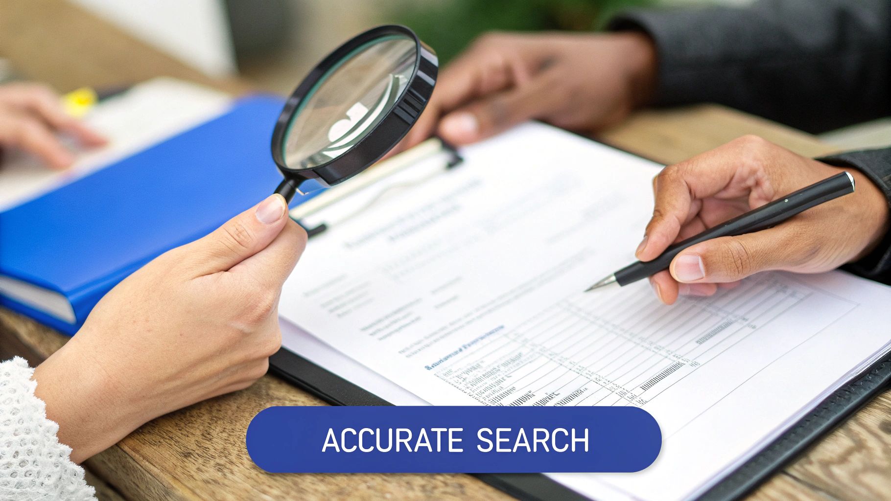 A magnifying glass hovering over a business contract, symbolising the act of detailed investigation for a BVI company search.