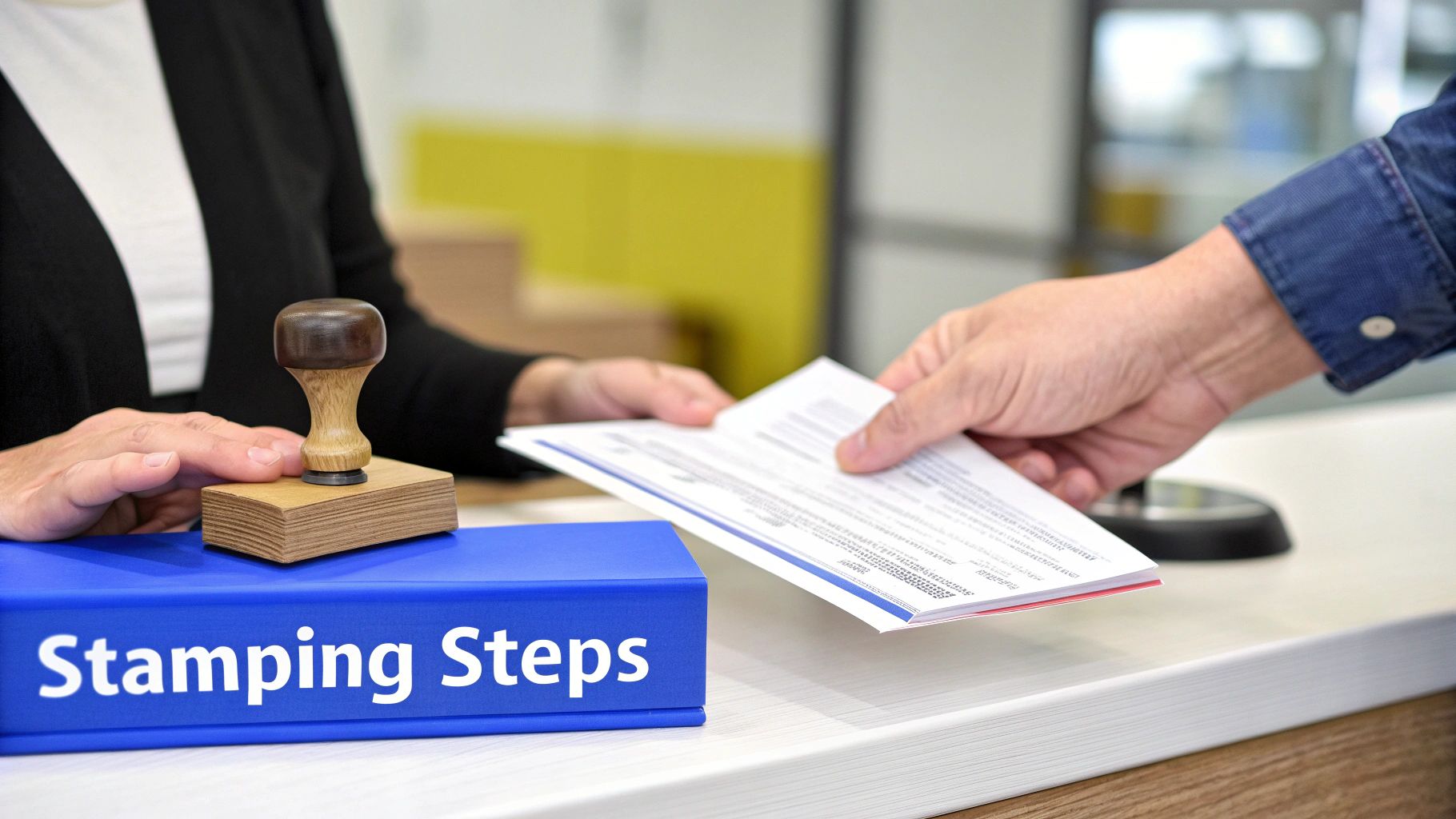 A person's hands signing a document with a pen on a wooden desk.