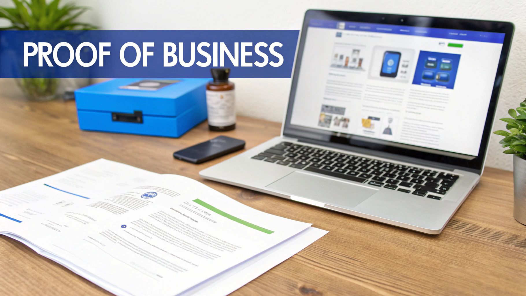 Laptop and business documents on desk displaying proof of business compliance requirements
