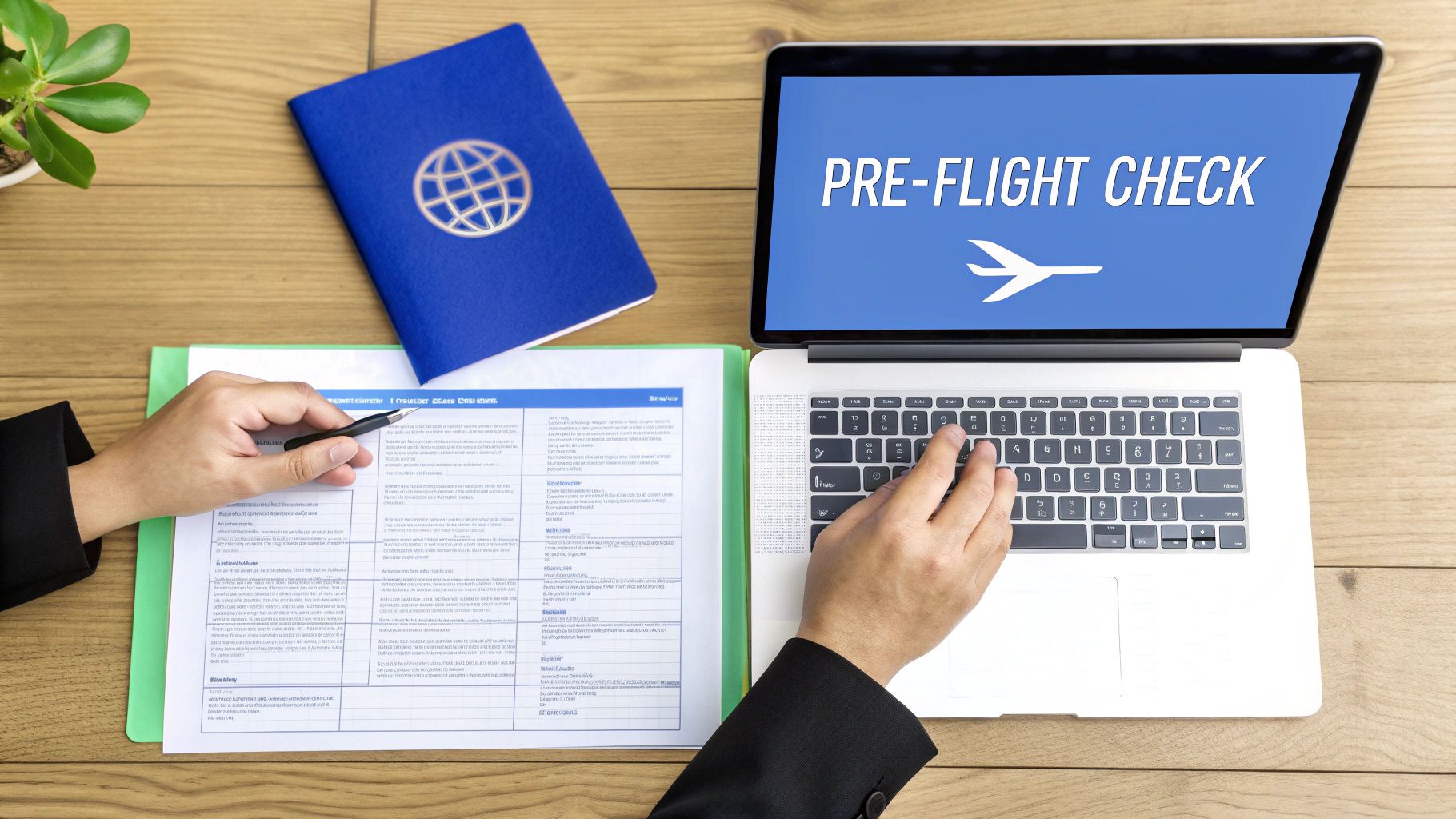 A person performs a pre-flight check, reviewing documents and typing on a laptop with a passport.
