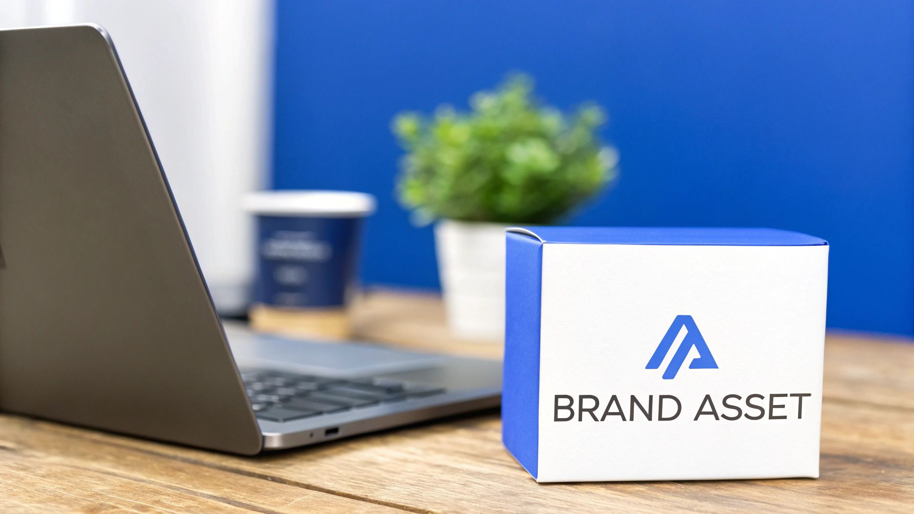 A white 'BRAND ASSET' box with a blue logo sits on a wooden desk with a laptop.
